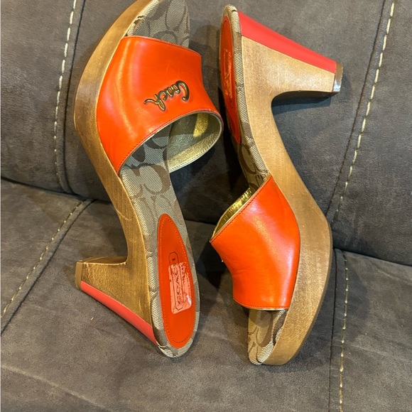 Coach Shoes Kathie Orange Gold Brown Leather Signature Logo Chestnut Size 8 - Picture 11 of 12